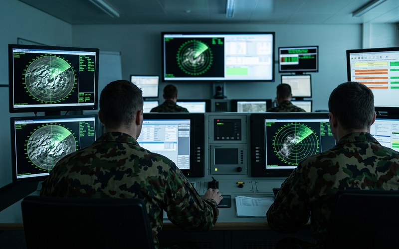Tio.ch — La Svizzera e la guerra moderna: perché servono difesa aerea, tecnologia e unità leggere · Centro operativo militare svizzero con personale in uniforme davanti a monitor radar