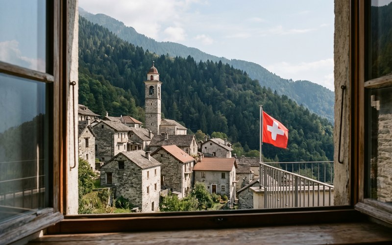 Corriere del Ticino — La Svizzera è il Paese che amo · Vista dalla finestra di un villaggio ticinese con campanile e bandiera svizzera