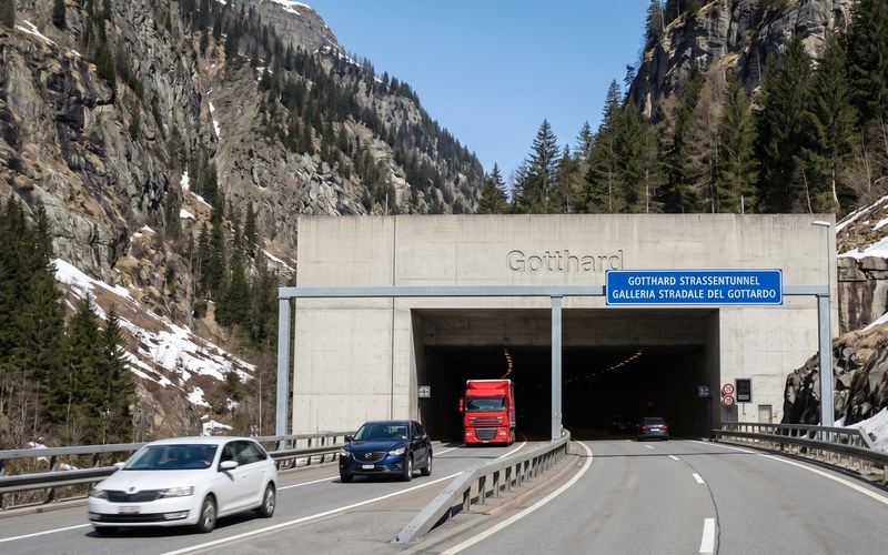 Tio.ch — Gottardo, ipotesi pedaggio per le targhe estere · Ingresso nord della Galleria Stradale del Gottardo con auto e camion in transito
