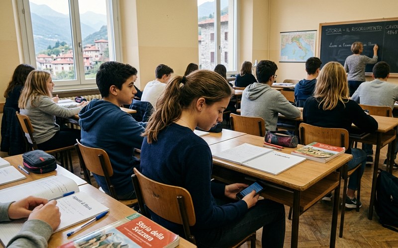 Tio.ch — Smartphone a scuola: serve una riflessione più profonda · Aula liceale ticinese con studentessa che usa lo smartphone sotto al banco