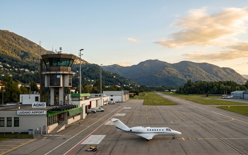 Tio.ch — Lugano–Agno, la visione di Tresoldi: «Rilanciamo l’aeroporto. La città deve tornare a volare» · Aeroporto di Lugano-Agno con torre di controllo e jet privato sulla pista
