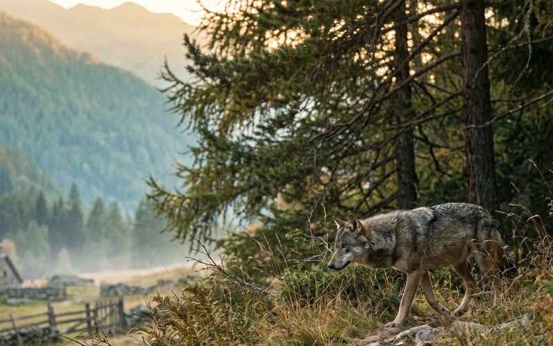 Tio.ch — Lupo e calabrone asiatico in Ticino: emergenze diverse, stesso bisogno di azione · Lupo grigio (Canis lupus) al margine di una foresta alpina ticinese al tramonto