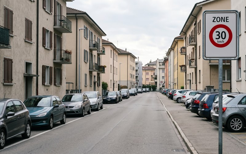 Tio.ch — Zone 30 e 20 a Lugano: un piano costoso che rallenta la città senza reali benefici · Strada residenziale di Lugano con cartello 'Zone 30 km/h'